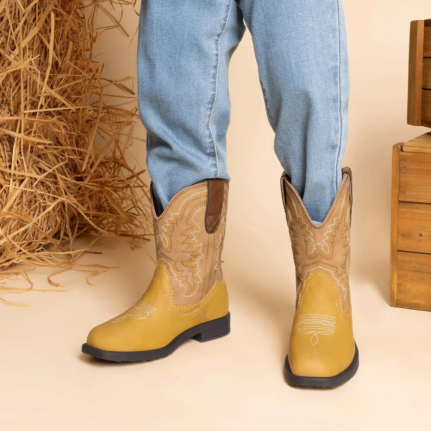 DREAM PAIRS Toddler Little Boys Girls Cowboy Boots Kids Western Square Toe Riding Mid Calf Boots