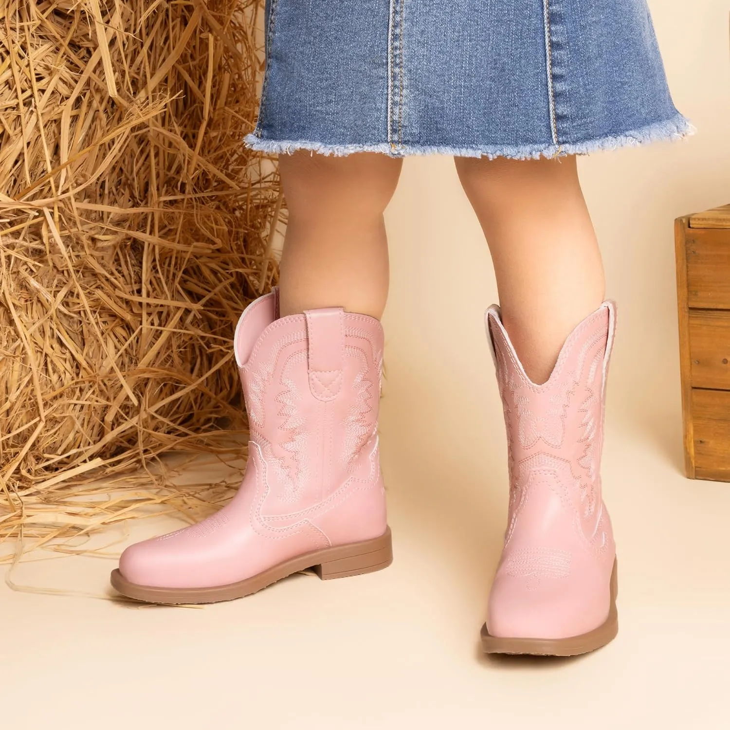 DREAM PAIRS Toddler Little Boys Girls Cowboy Boots Kids Western Square Toe Riding Mid Calf Boots