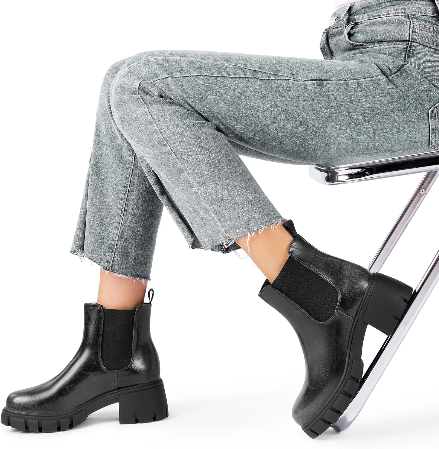 DREAM PAIRS Women's Elastic Chelsea Ankle Boots Platform Low Chunky Block Heel Lug Sole Slip on Fall Heeled Booties Shoes