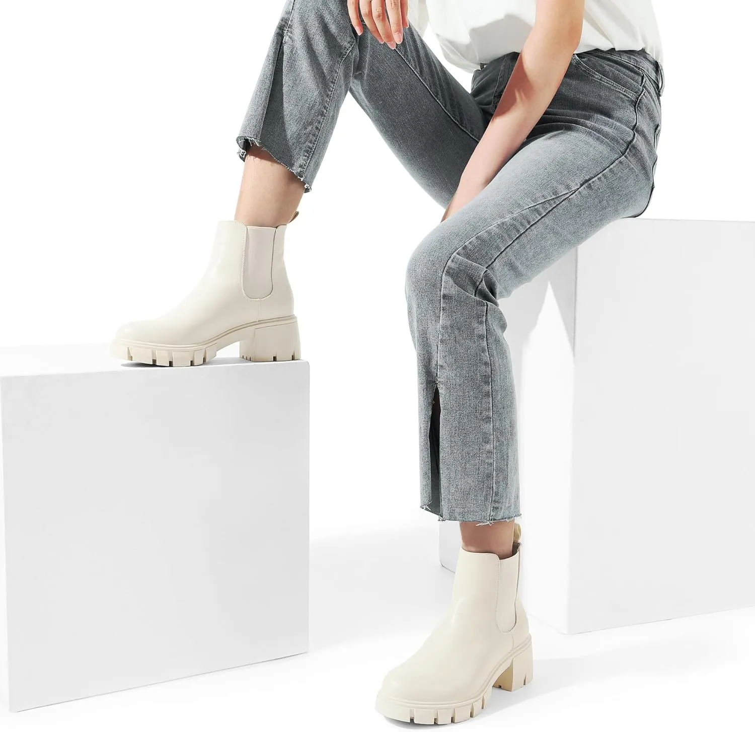 DREAM PAIRS Women's Elastic Chelsea Ankle Boots Platform Low Chunky Block Heel Lug Sole Slip on Fall Heeled Booties Shoes