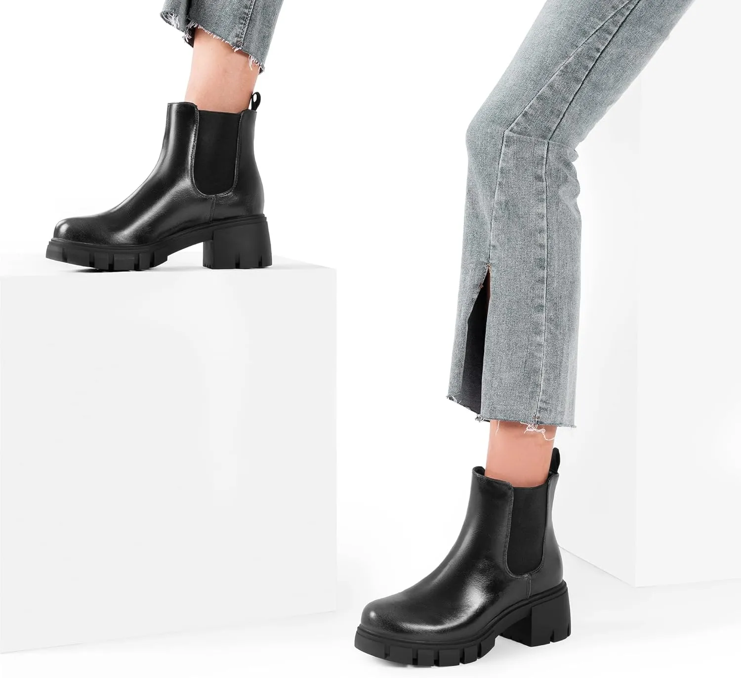 DREAM PAIRS Women's Elastic Chelsea Ankle Boots Platform Low Chunky Block Heel Lug Sole Slip on Fall Heeled Booties Shoes