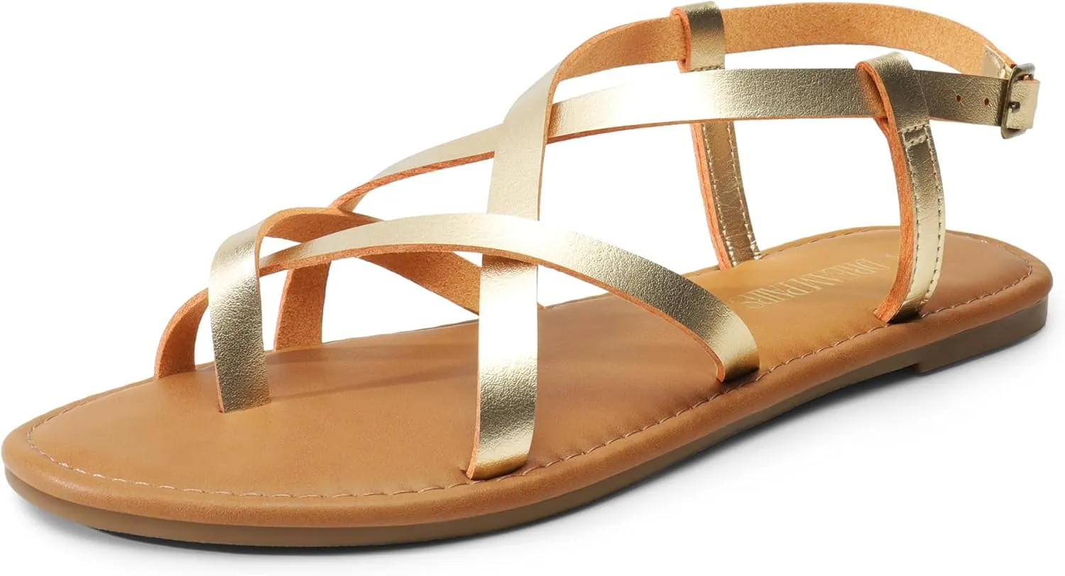 DREAM PAIRS Women's Flat Sandals Strappy Dressy Comfortable Ankle Strap Casual Summer Thong Sandals for Beach