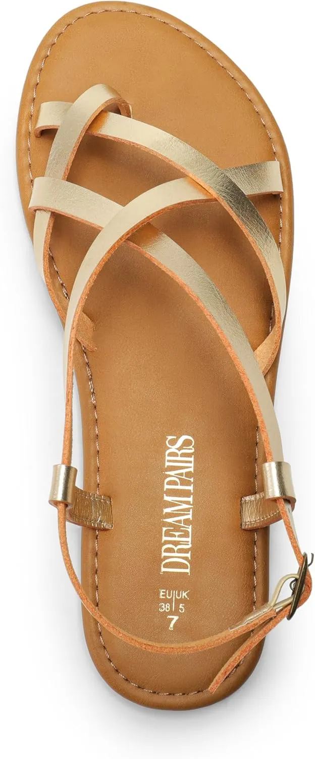 DREAM PAIRS Women's Flat Sandals Strappy Dressy Comfortable Ankle Strap Casual Summer Thong Sandals for Beach