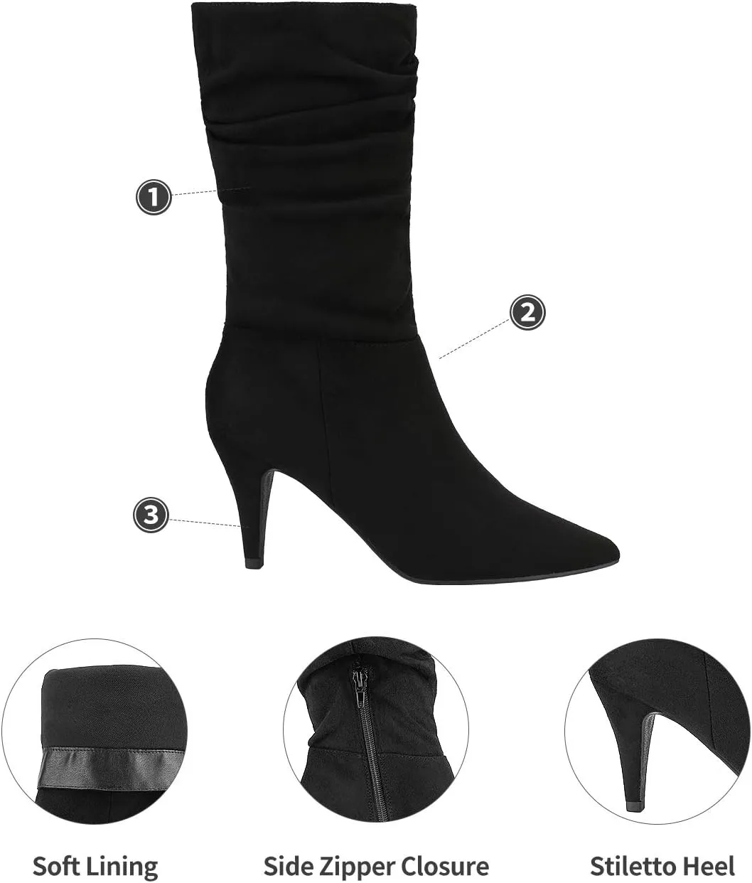 DREAM PAIRS Women's High Heel Mid Calf Boots Slouchy Pointed Toe Fall Boots