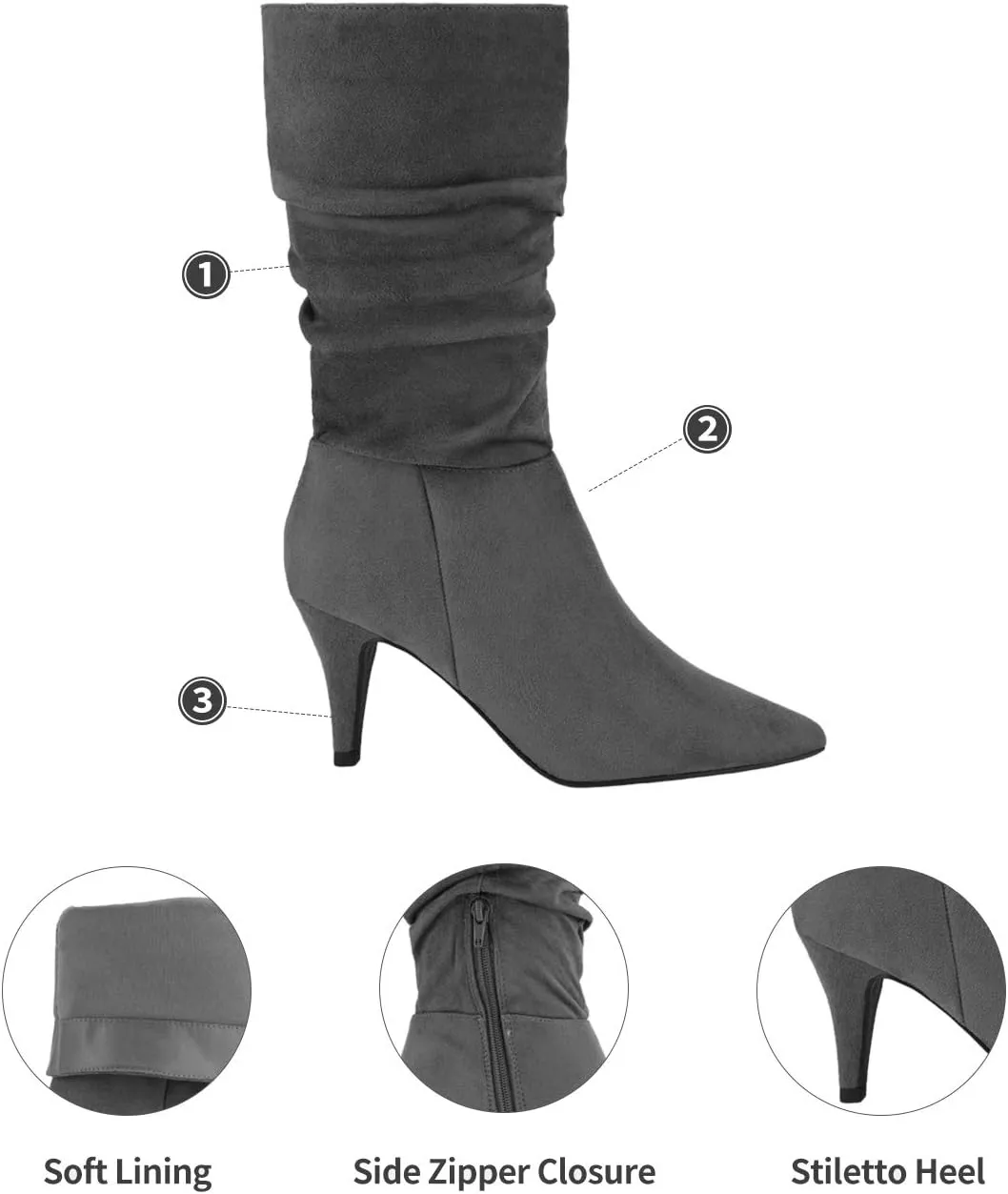 DREAM PAIRS Women's High Heel Mid Calf Boots Slouchy Pointed Toe Fall Boots