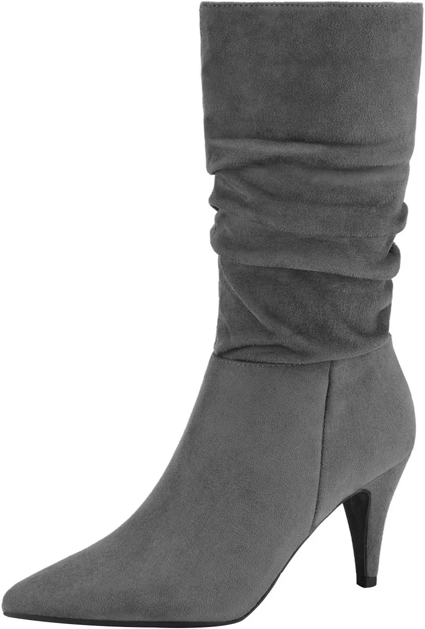 DREAM PAIRS Women's High Heel Mid Calf Boots Slouchy Pointed Toe Fall Boots
