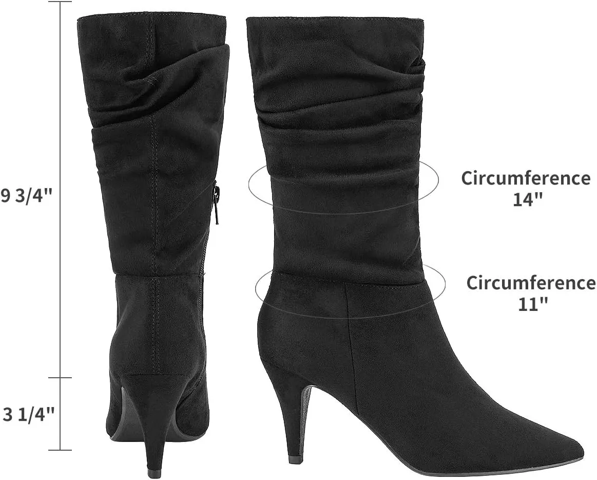 DREAM PAIRS Women's High Heel Mid Calf Boots Slouchy Pointed Toe Fall Boots