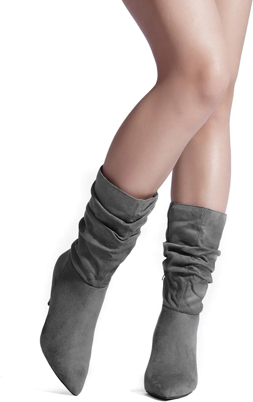 DREAM PAIRS Women's High Heel Mid Calf Boots Slouchy Pointed Toe Fall Boots