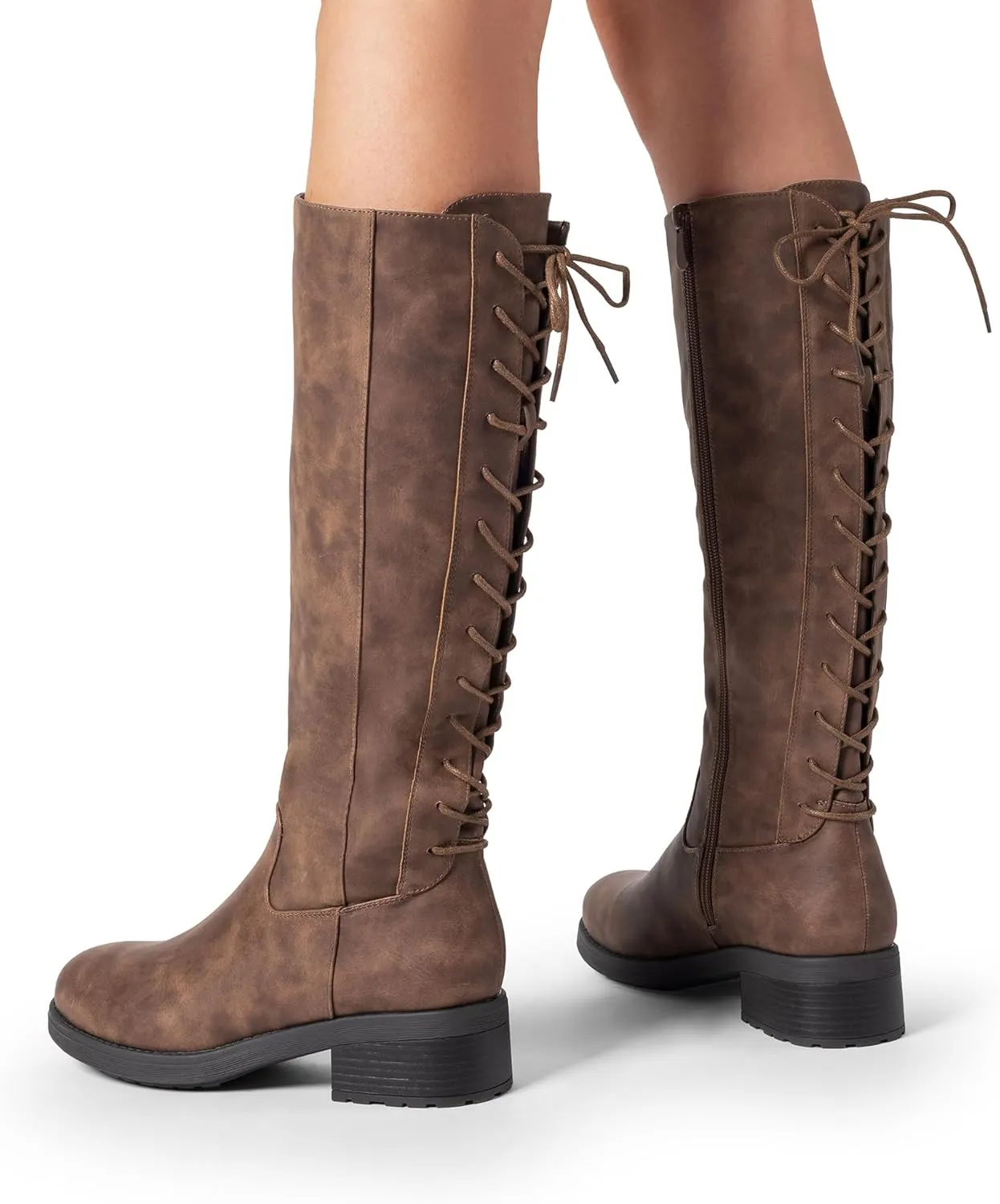 DREAM PAIRS Women's Lace Up Back Knee High Fashion Boots Low Block Heel Riding Boots Round Toe Side Zipper Fall Boots