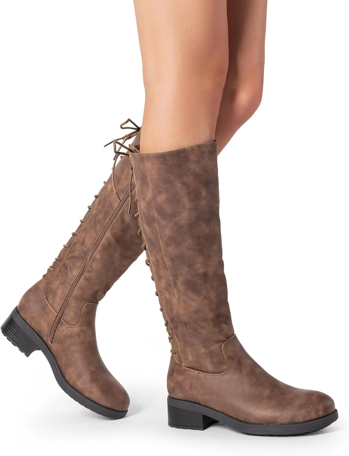 DREAM PAIRS Women's Lace Up Back Knee High Fashion Boots Low Block Heel Riding Boots Round Toe Side Zipper Fall Boots