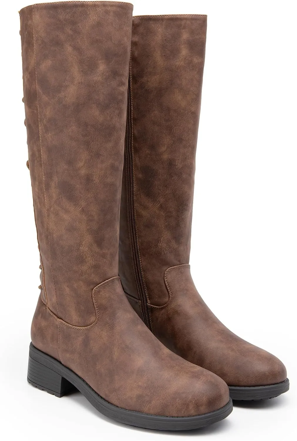DREAM PAIRS Women's Lace Up Back Knee High Fashion Boots Low Block Heel Riding Boots Round Toe Side Zipper Fall Boots