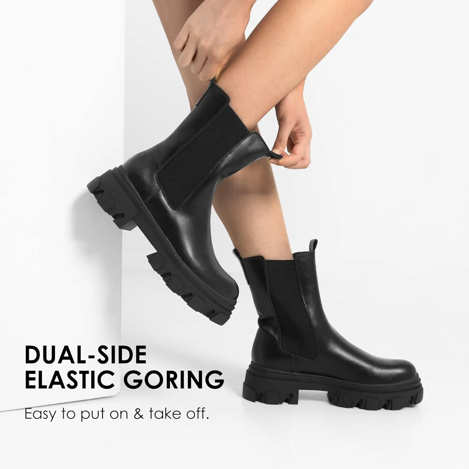 DREAM PAIRS Women's Platform Chelsea Boots Lug Sole Combat Mid Calf Slip On Chunky Ankle Booties