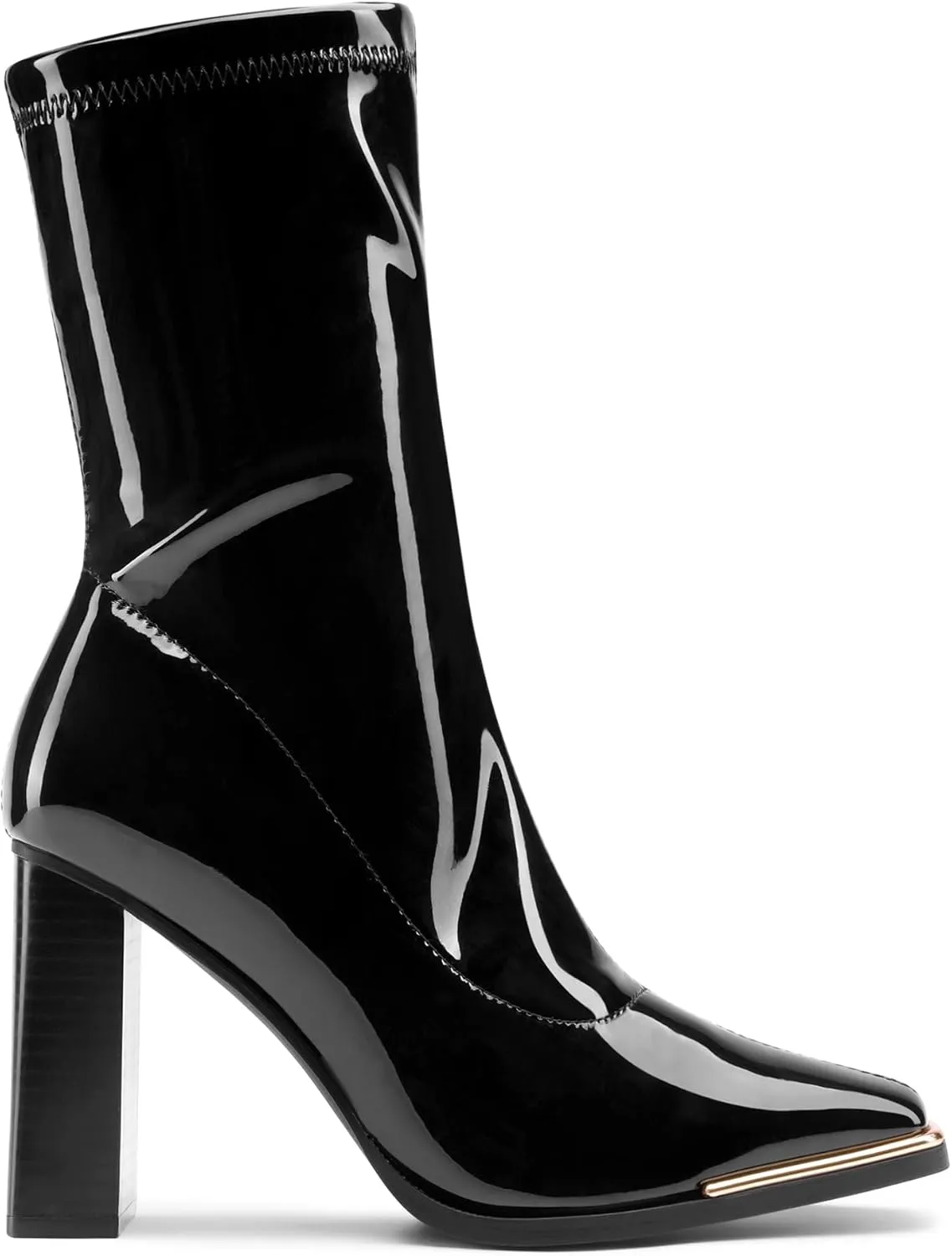 DREAM PAIRS Women's Square Toe Gogo Boots Elastic Ankle Boots High Chunky Block Heel Mid Calf Boots