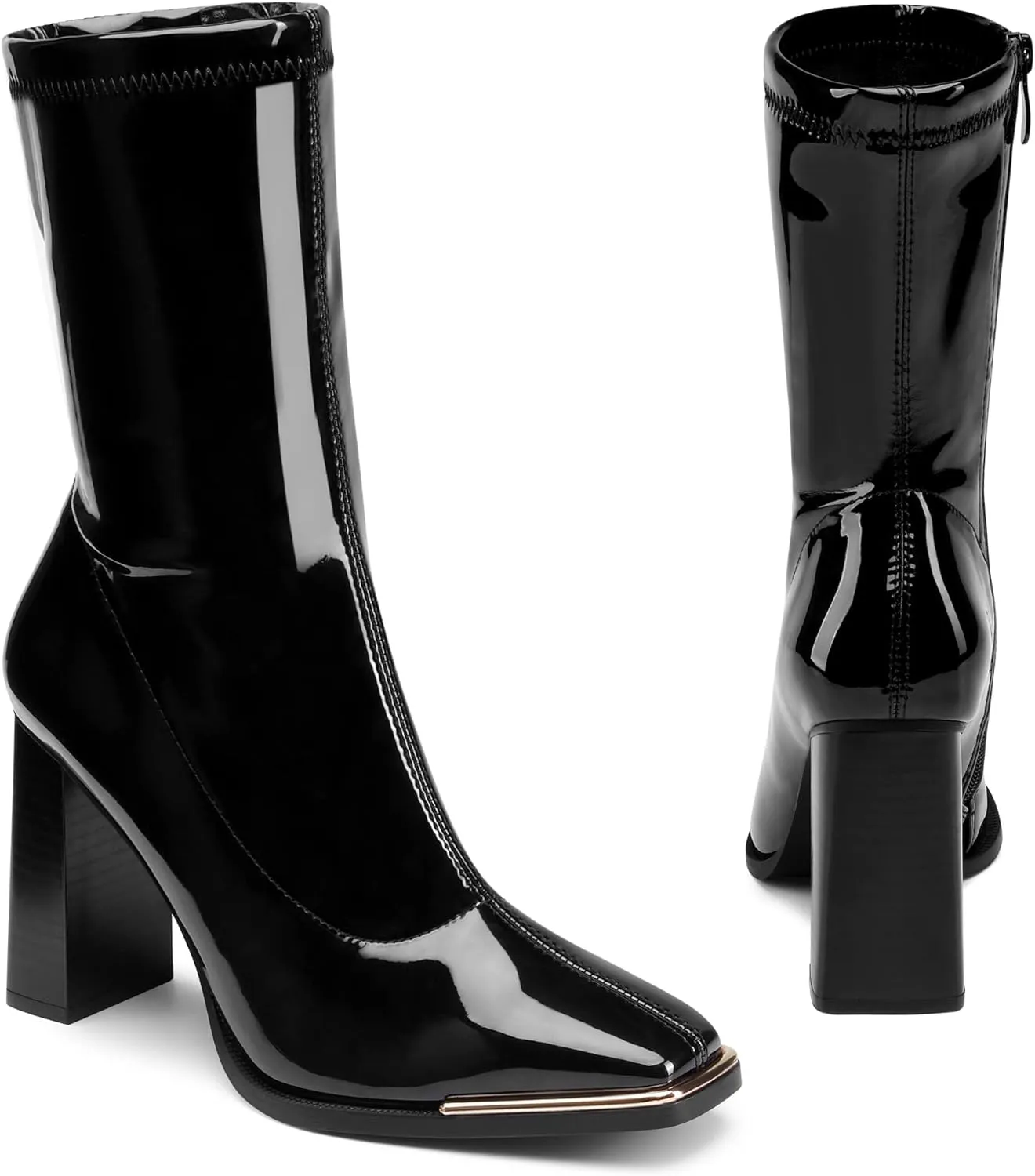 DREAM PAIRS Women's Square Toe Gogo Boots Elastic Ankle Boots High Chunky Block Heel Mid Calf Boots