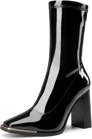 DREAM PAIRS Women's Square Toe Gogo Boots Elastic Ankle Boots High Chunky Block Heel Mid Calf Boots