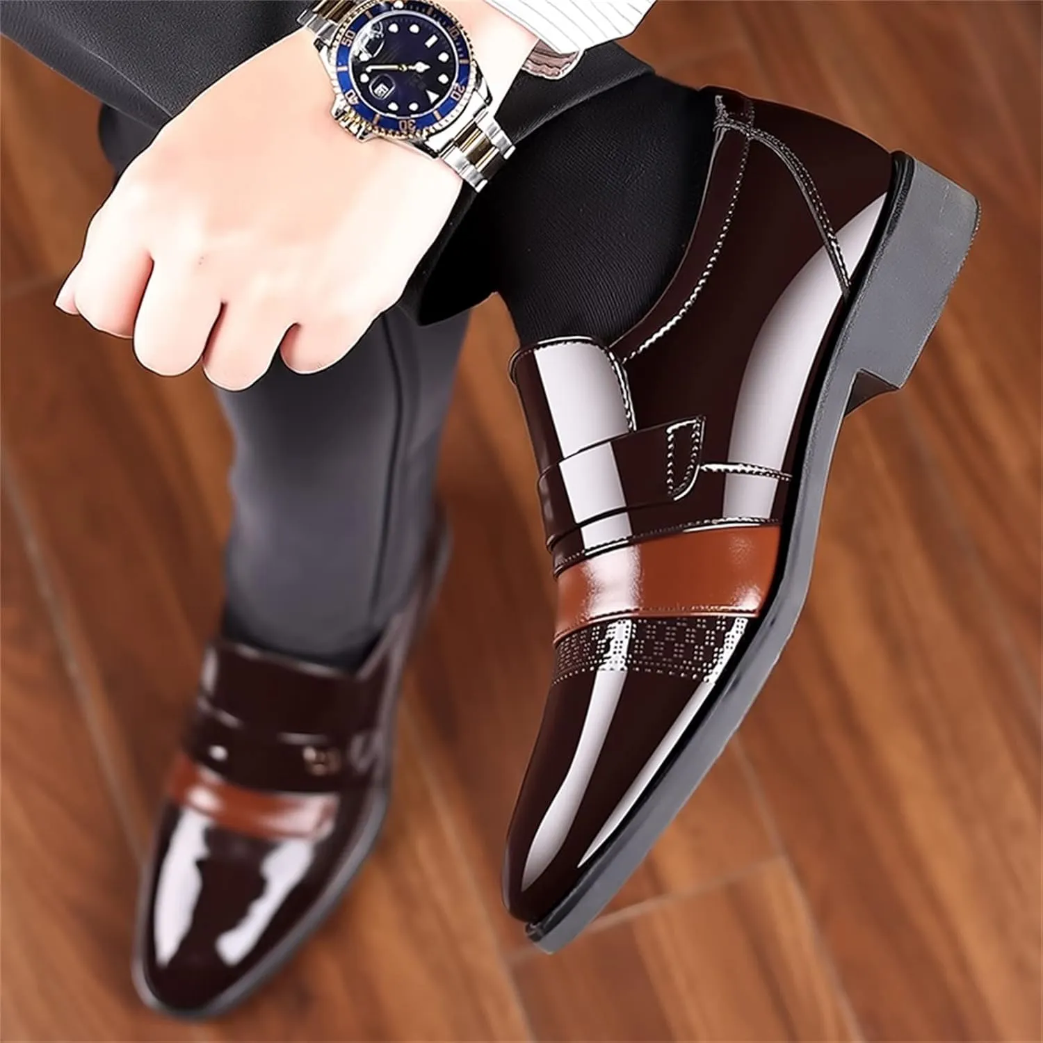 Dress Shoes for Men Loafers Brown Fashion Summer and Autumn Men Leather Shoes Low Heeled Pointed Toe Slip On Business Simple Solid Color Mens Business Shoes 7.5