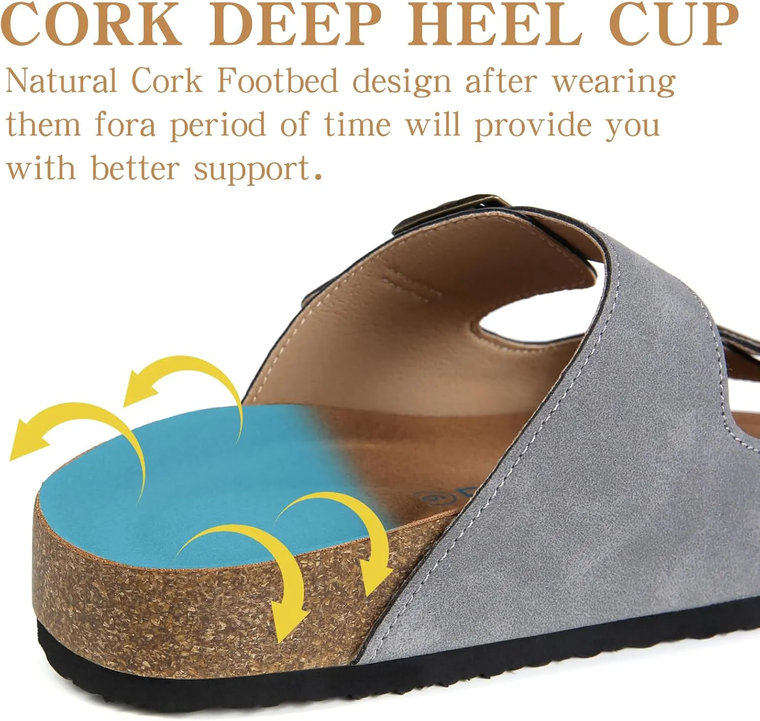 Dumalum Womens Flat Sandals with Cork Footbed Open Toe Slides Adjustable Slip On Slippers for Summer Beach Sandals Arch Support Size 6-12