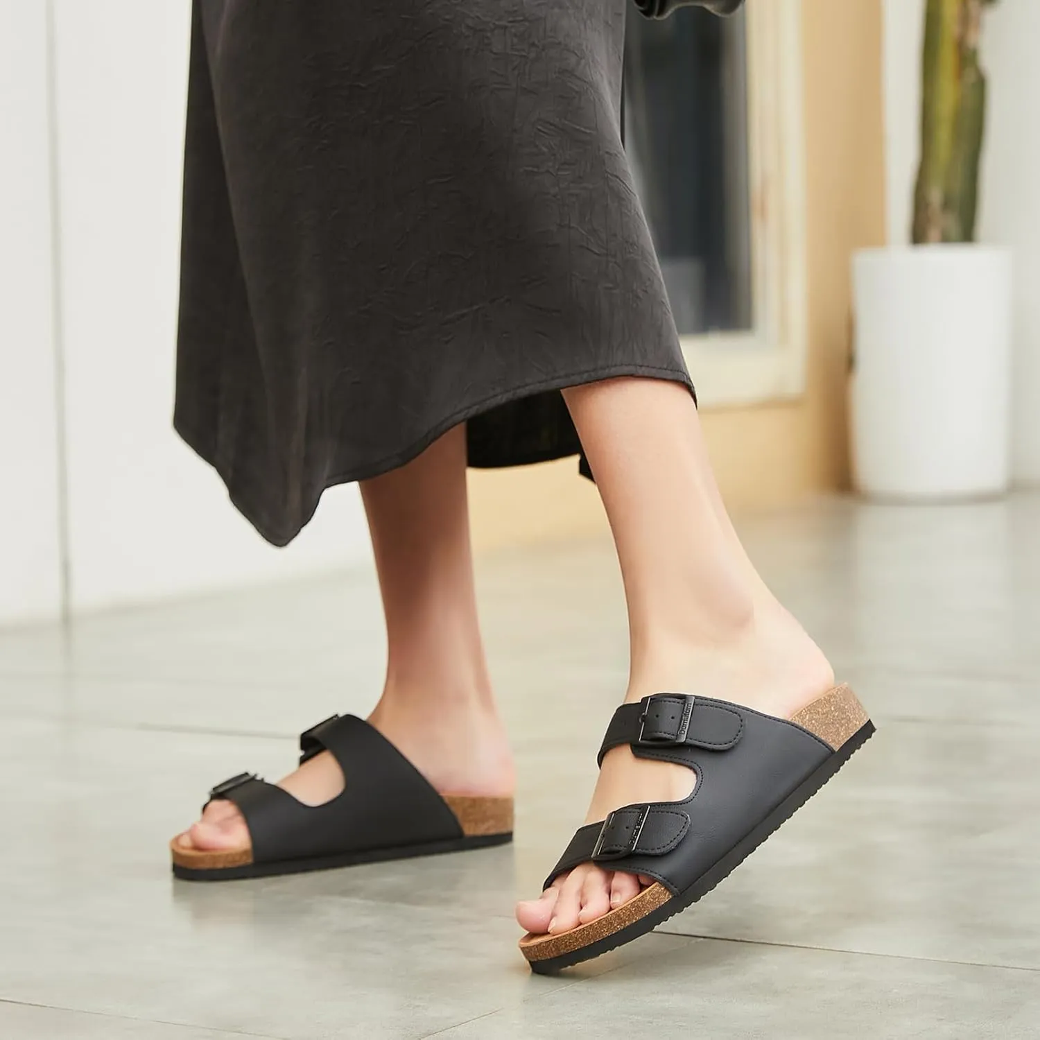 Dumalum Womens Flat Sandals with Cork Footbed Open Toe Slides Adjustable Slip On Slippers for Summer Beach Sandals Arch Support Size 6-12