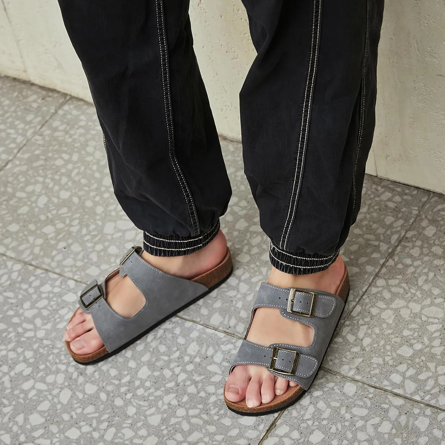 Dumalum Womens Flat Sandals with Cork Footbed Open Toe Slides Adjustable Slip On Slippers for Summer Beach Sandals Arch Support Size 6-12