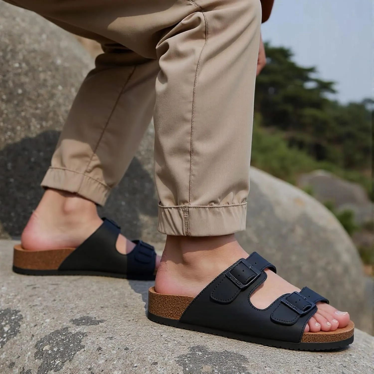 Dumalum Womens Flat Sandals with Cork Footbed Open Toe Slides Adjustable Slip On Slippers for Summer Beach Sandals Arch Support Size 6-12