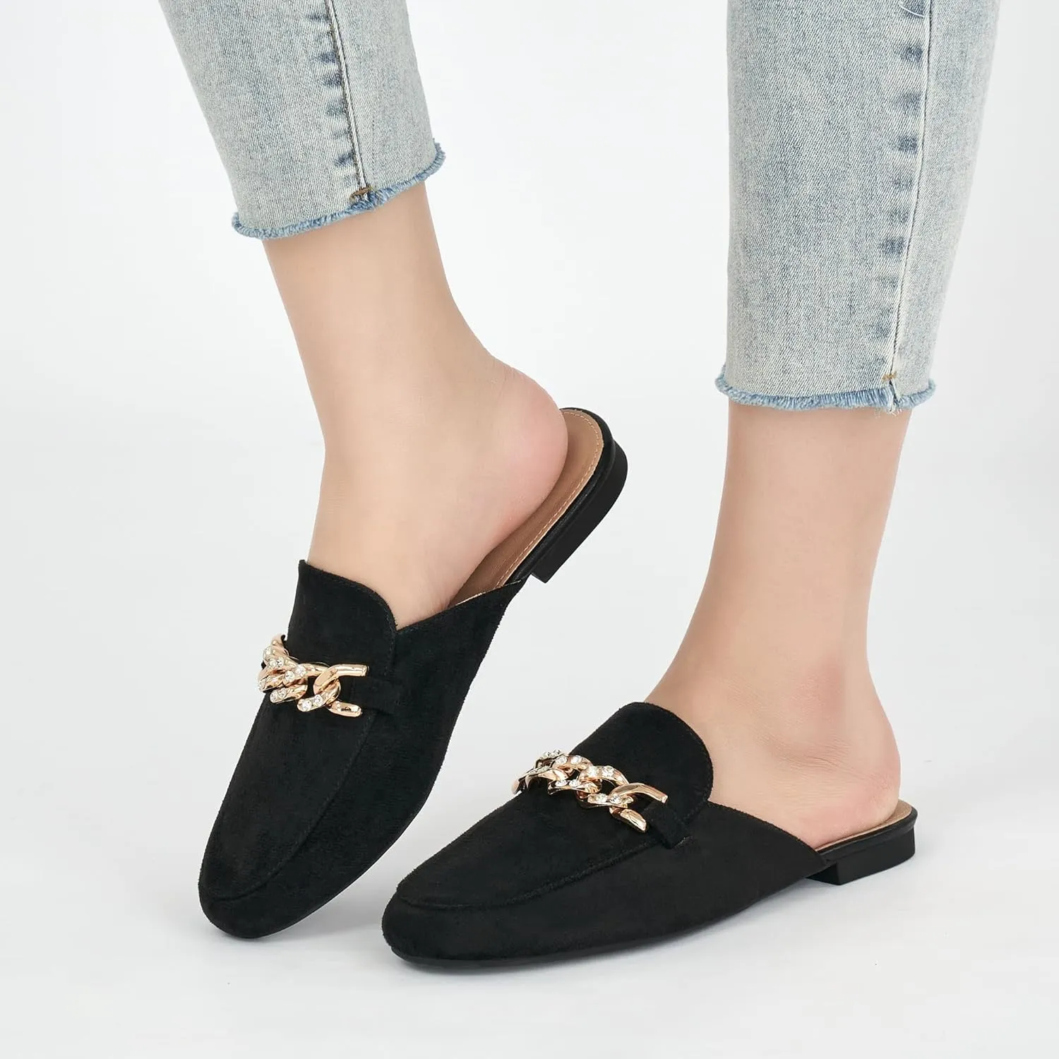 Ecetana Women Mules Flats Shoes Comfortable Metal Chain Rhinestone Round Toe Backless Loafers Slip on Casual Slides