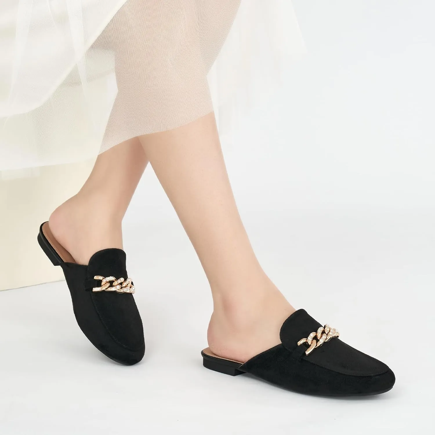 Ecetana Women Mules Flats Shoes Comfortable Metal Chain Rhinestone Round Toe Backless Loafers Slip on Casual Slides