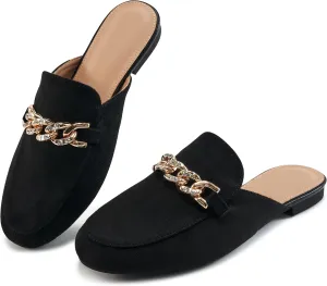 Ecetana Women Mules Flats Shoes Comfortable Metal Chain Rhinestone Round Toe Backless Loafers Slip on Casual Slides
