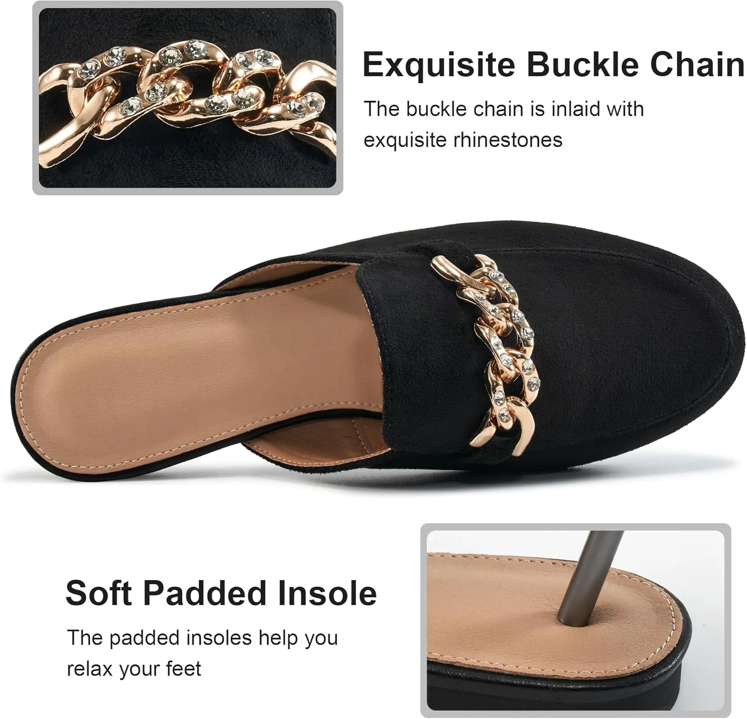 Ecetana Women Mules Flats Shoes Comfortable Metal Chain Rhinestone Round Toe Backless Loafers Slip on Casual Slides