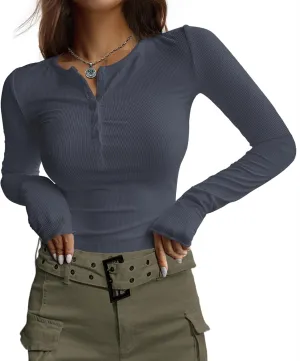 Ekouaer Women's Long Sleeve Henley Shirts Button Ribbed Knit Tops Basic Layering Slim Fit Soft Thermal Underwear Tops