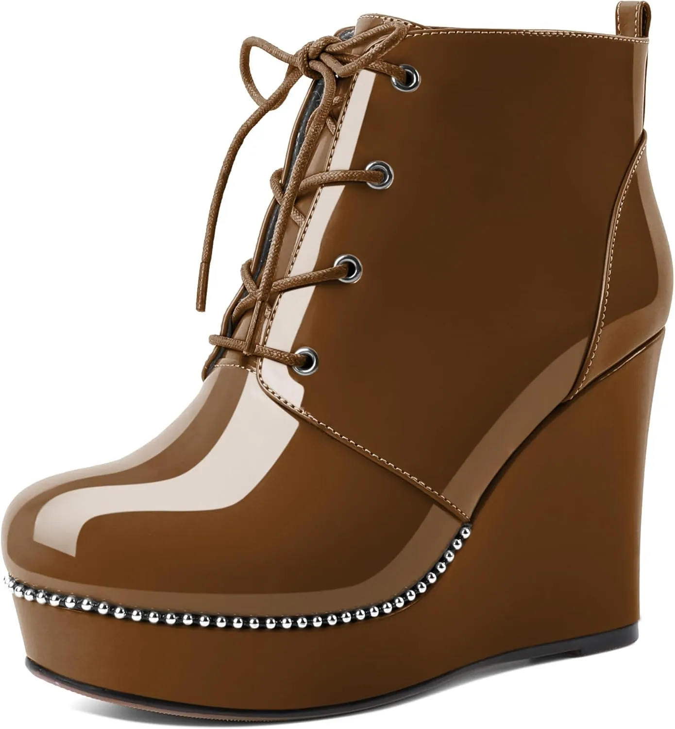 Eldof Wedge Ankle Boots for Women Round Toe Lace Up Beaded High Heeled Short Booties 4 Inches Patent Leather