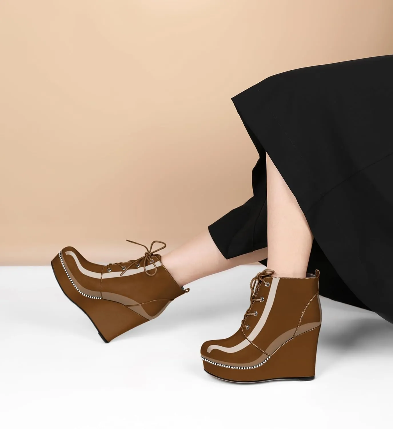 Eldof Wedge Ankle Boots for Women Round Toe Lace Up Beaded High Heeled Short Booties 4 Inches Patent Leather