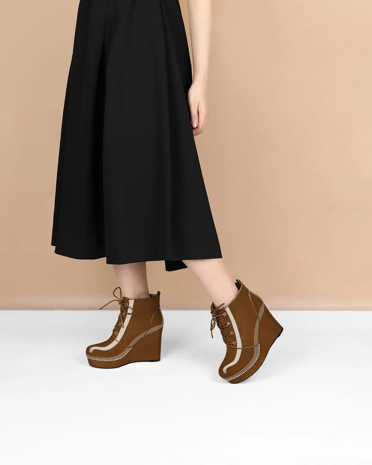 Eldof Wedge Ankle Boots for Women Round Toe Lace Up Beaded High Heeled Short Booties 4 Inches Patent Leather