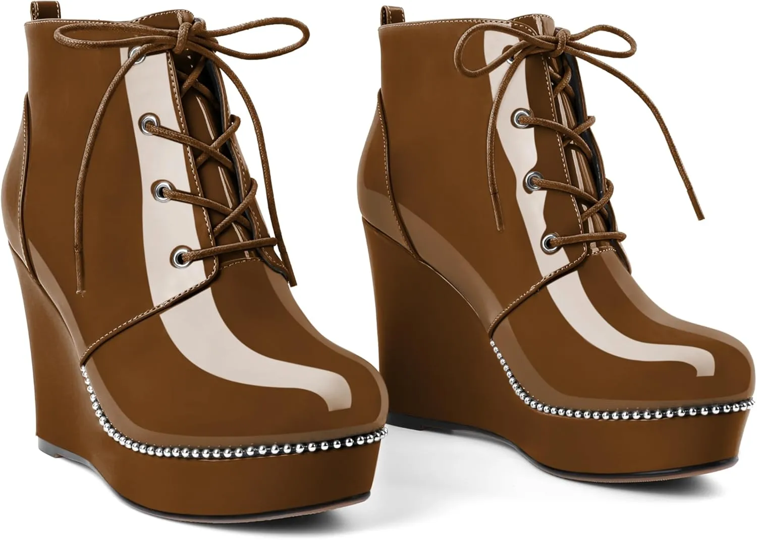 Eldof Wedge Ankle Boots for Women Round Toe Lace Up Beaded High Heeled Short Booties 4 Inches Patent Leather