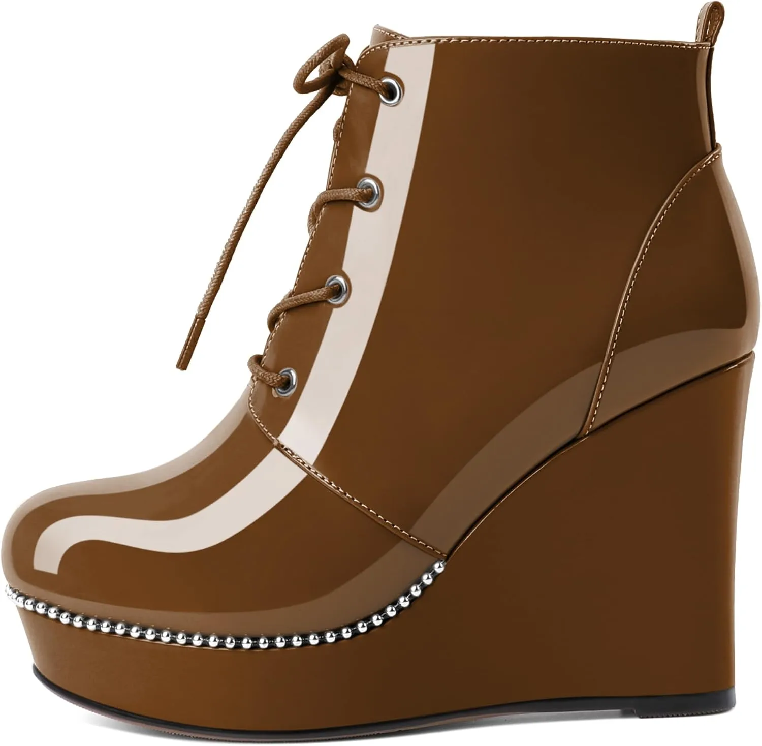 Eldof Wedge Ankle Boots for Women Round Toe Lace Up Beaded High Heeled Short Booties 4 Inches Patent Leather