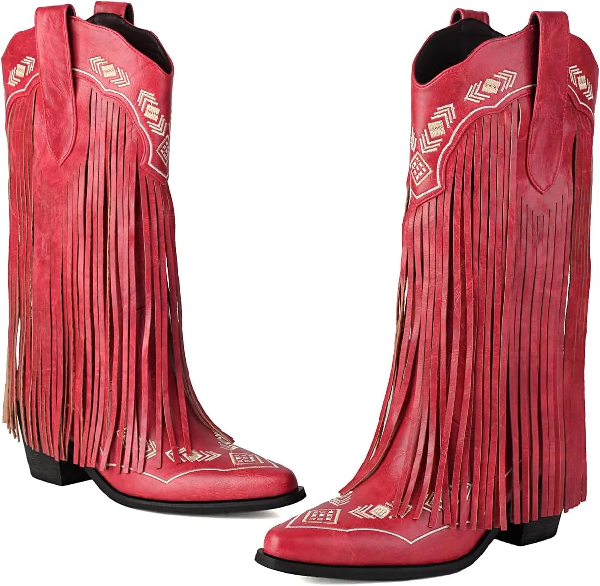 Embroidered Fringe Cowboy Boots for Women, Pull On Mid Calf Chunky Block Heel Pointed Toe Western Cowgirl Boots Riding Country Boot Retro Boots