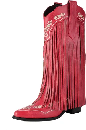 Embroidered Fringe Cowboy Boots for Women, Pull On Mid Calf Chunky Block Heel Pointed Toe Western Cowgirl Boots Riding Country Boot Retro Boots