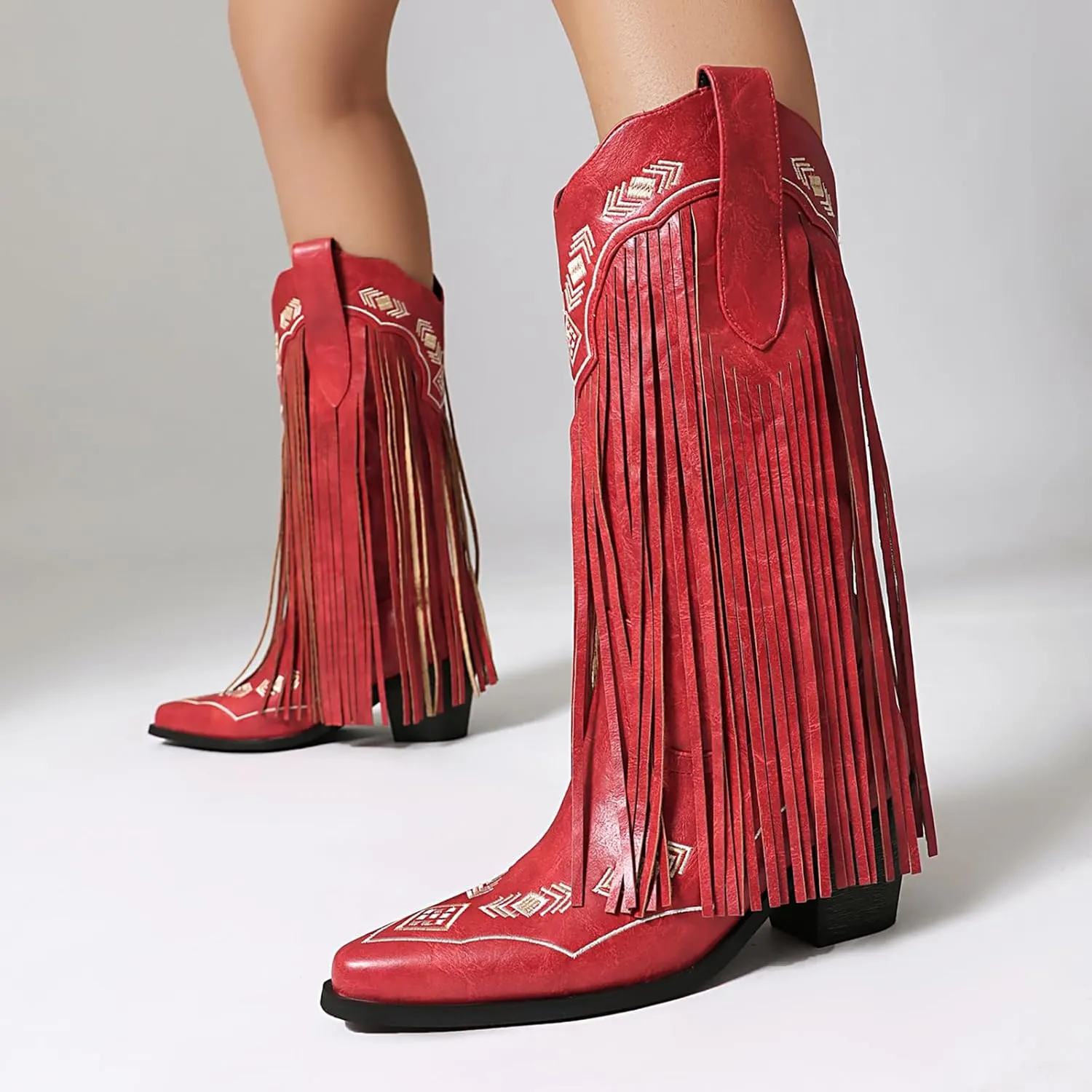 Embroidered Fringe Cowboy Boots for Women, Pull On Mid Calf Chunky Block Heel Pointed Toe Western Cowgirl Boots Riding Country Boot Retro Boots