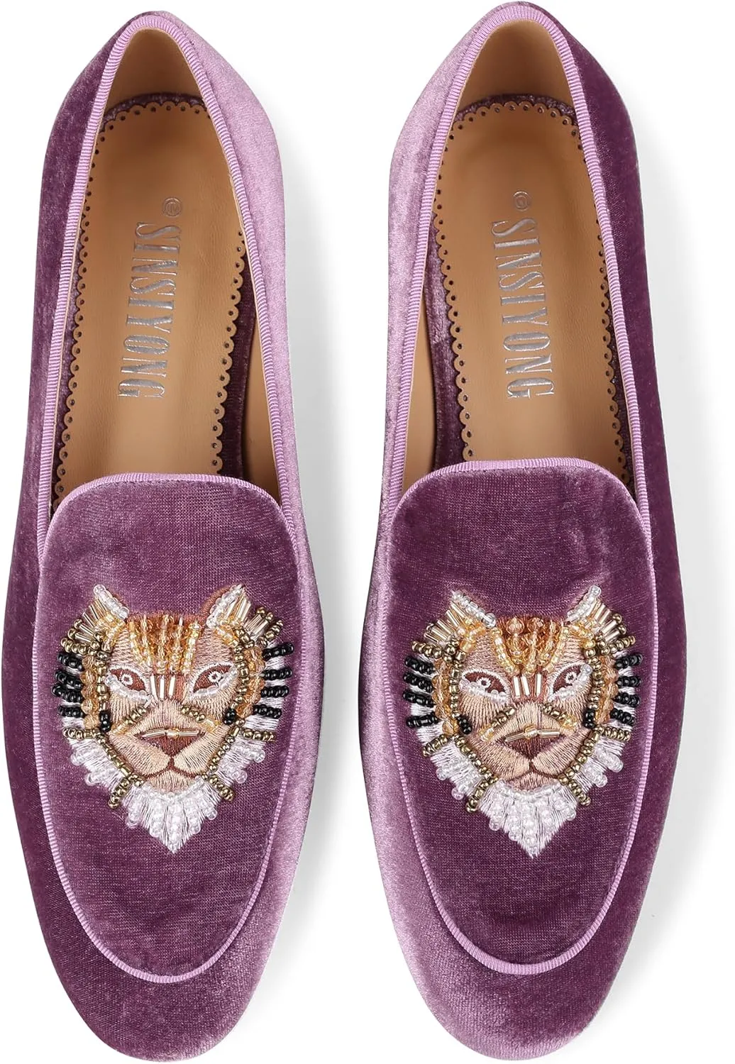 Embroidered Loafers for Women Round Toe Velvet Flats with Tiger Head Pattern