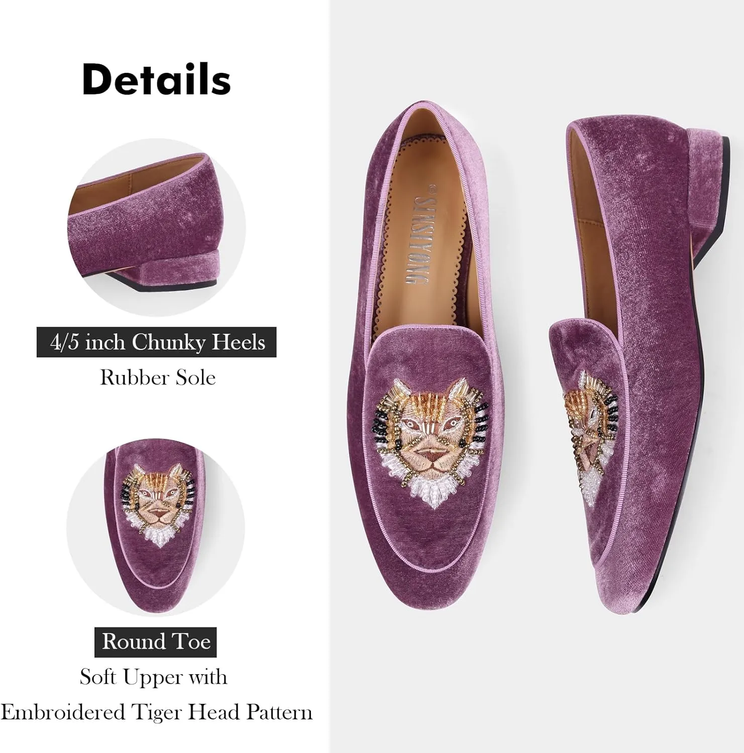 Embroidered Loafers for Women Round Toe Velvet Flats with Tiger Head Pattern