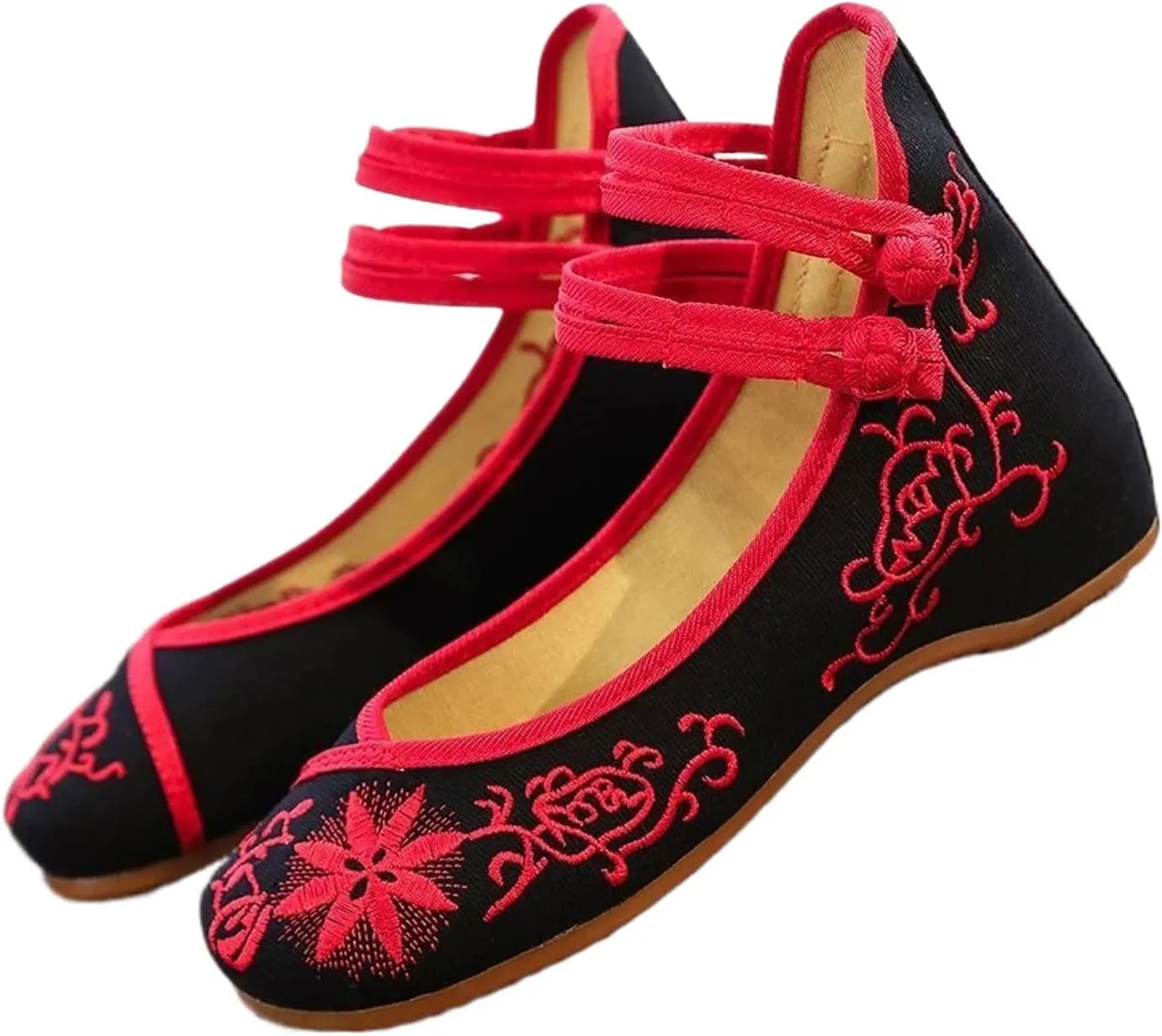 Embroidered Women Canvas Ballet Flats Ankle Strap Ladies Casual Cotton Chinese Embroidery Ballerina Shoes