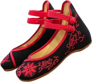 Embroidered Women Canvas Ballet Flats Ankle Strap Ladies Casual Cotton Chinese Embroidery Ballerina Shoes