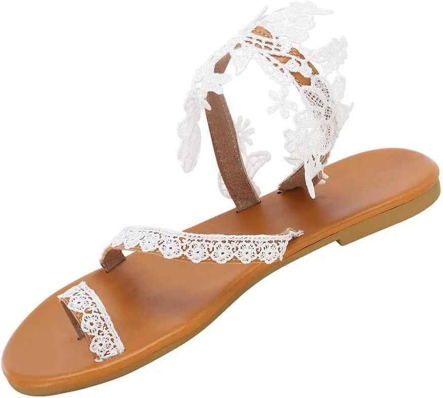 EMRELOD Sandals for Women Dressy Summer Flat Casual Summer Rhinestone Beaded Sparkly Bling Bohemian Lace Flower Sandal Comfortable Elastic Ankle Strap Beach Shoes (03-White, 10)