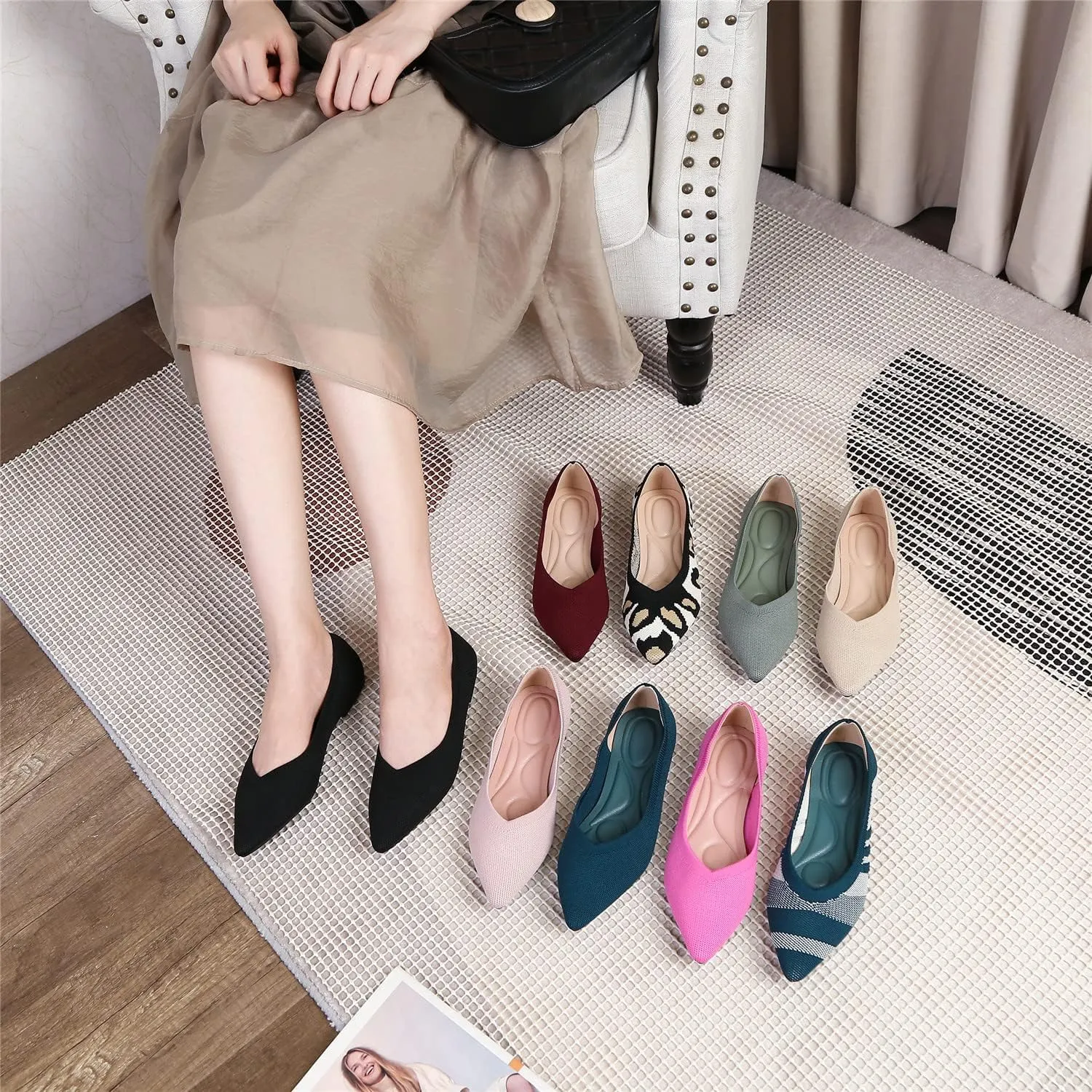 EnllerviiD Women's Flats Breathable Knit Pointed Flats Loafers Shoes,Work Flats Office Shoes Comfortable Flexible Mule Shoes Ballet Flats