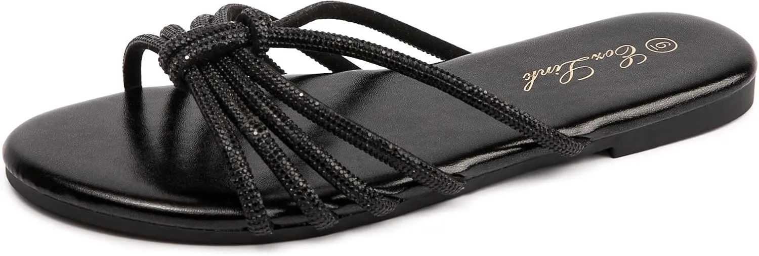Eozlink Women's Flat Sandals Rhinestone Open Toe Sandals for Women Casual Sparkle Flat Sandals for Women Glitter Bling Evening Party Prom Dance Slide Sandal