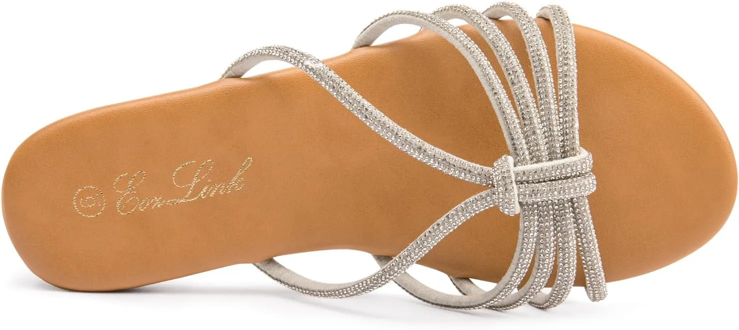 Eozlink Women's Flat Sandals Rhinestone Open Toe Sandals for Women Casual Sparkle Flat Sandals for Women Glitter Bling Evening Party Prom Dance Slide Sandal