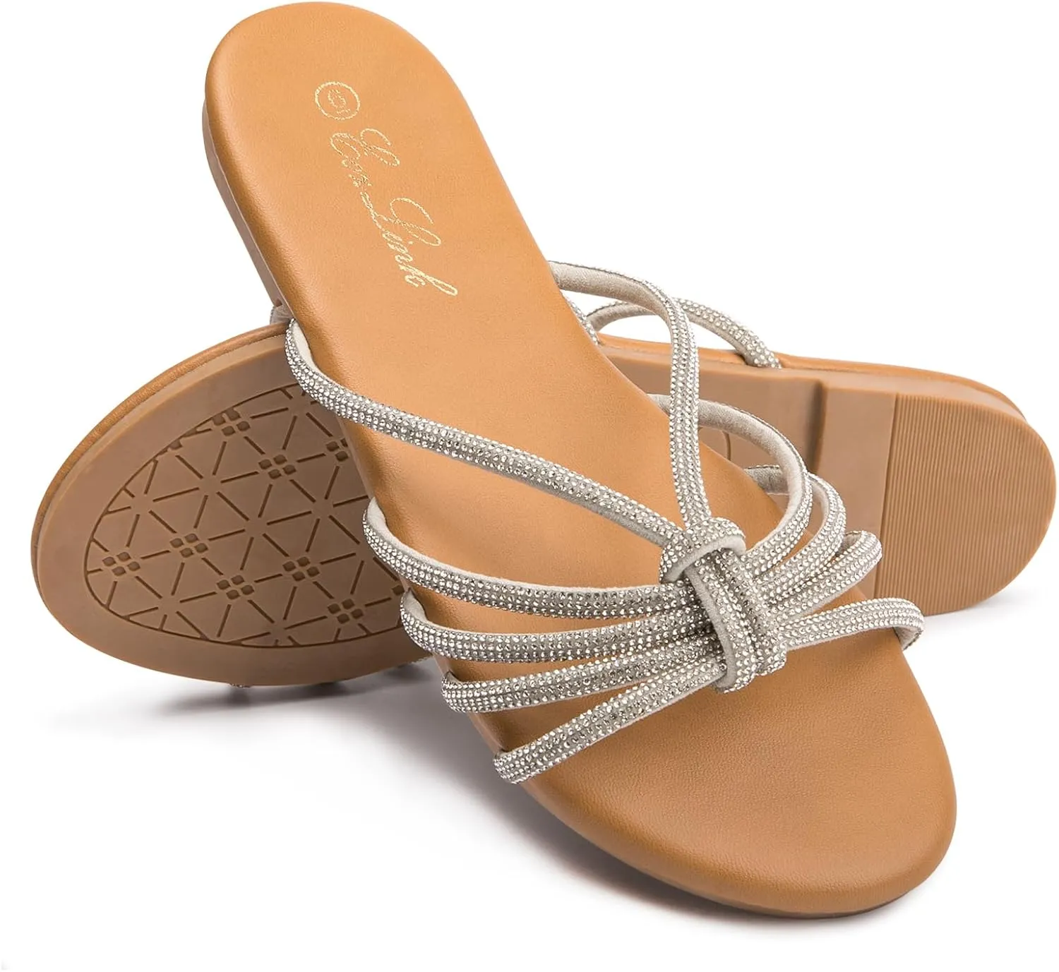 Eozlink Women's Flat Sandals Rhinestone Open Toe Sandals for Women Casual Sparkle Flat Sandals for Women Glitter Bling Evening Party Prom Dance Slide Sandal