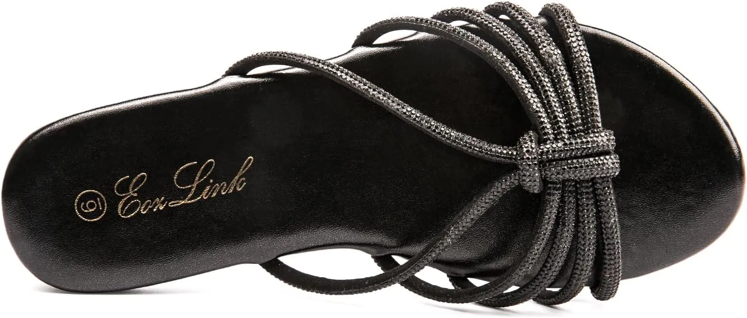 Eozlink Women's Flat Sandals Rhinestone Open Toe Sandals for Women Casual Sparkle Flat Sandals for Women Glitter Bling Evening Party Prom Dance Slide Sandal