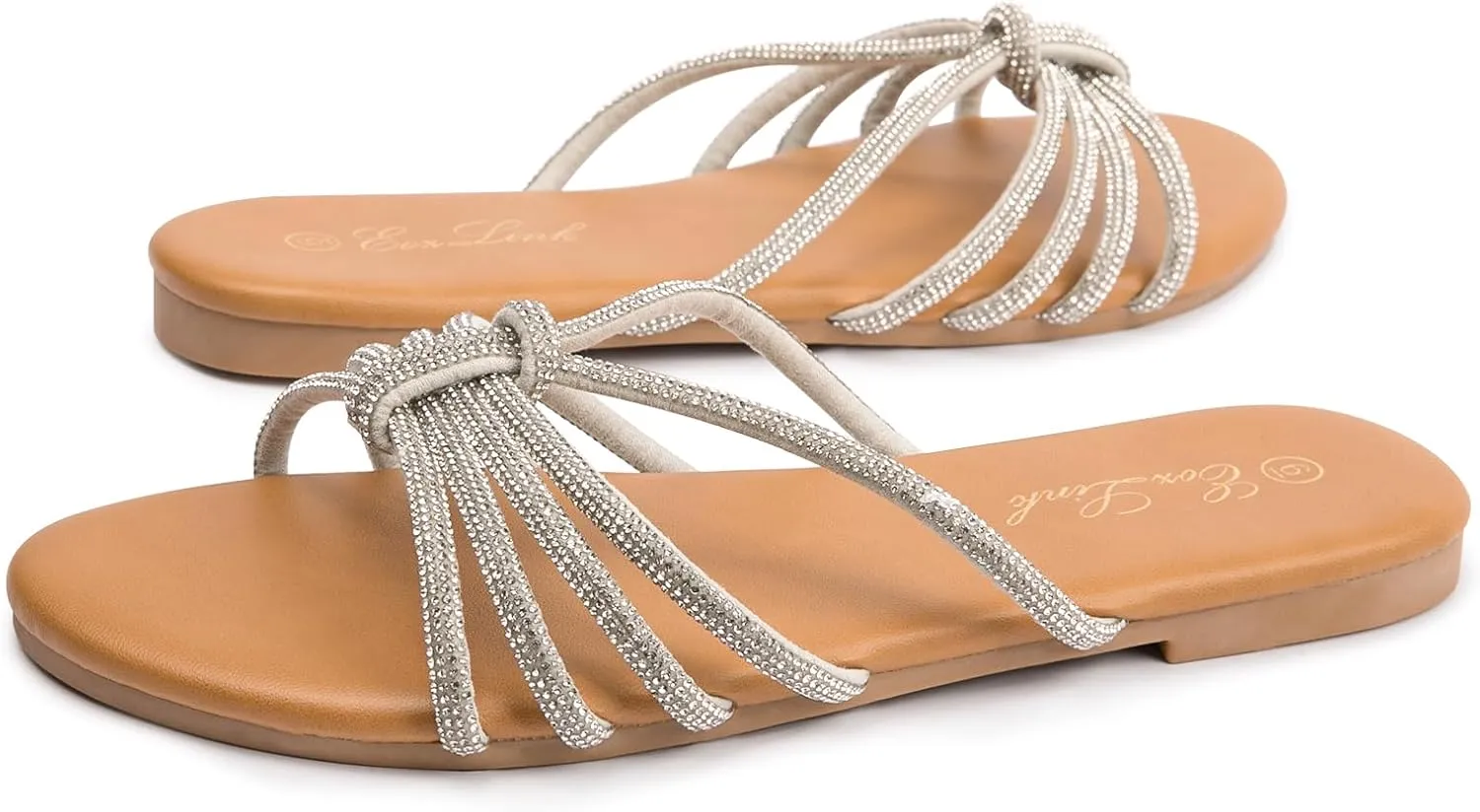 Eozlink Women's Flat Sandals Rhinestone Open Toe Sandals for Women Casual Sparkle Flat Sandals for Women Glitter Bling Evening Party Prom Dance Slide Sandal