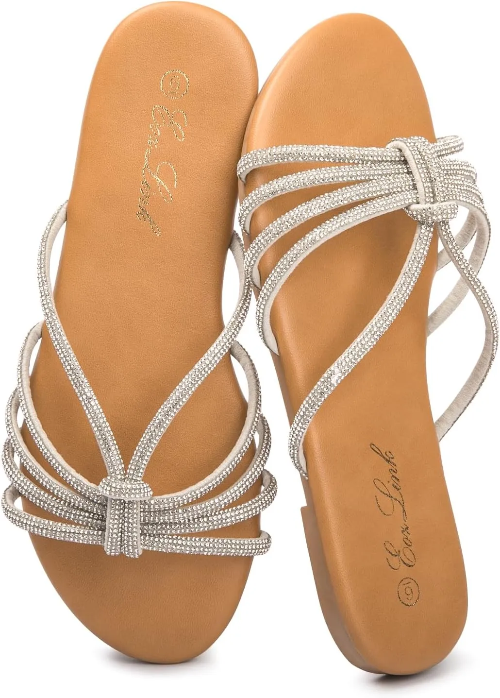 Eozlink Women's Flat Sandals Rhinestone Open Toe Sandals for Women Casual Sparkle Flat Sandals for Women Glitter Bling Evening Party Prom Dance Slide Sandal