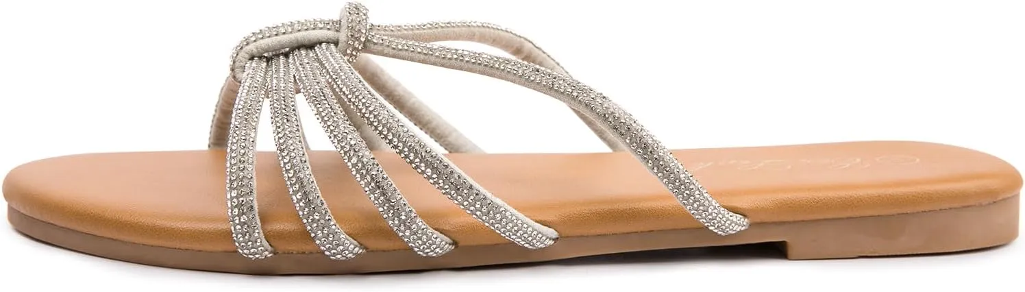 Eozlink Women's Flat Sandals Rhinestone Open Toe Sandals for Women Casual Sparkle Flat Sandals for Women Glitter Bling Evening Party Prom Dance Slide Sandal